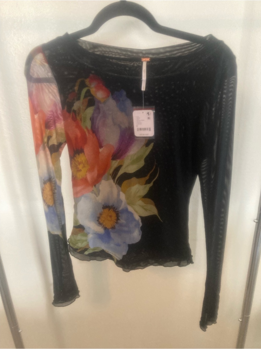 Free People Black Sheer Long Sleeve Top with Multicolor Floral Design